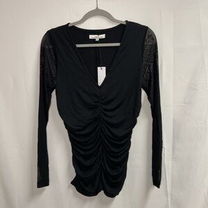 Red Haute Ruched V-Neck Top with Mesh Sleeves Black Size Medium NWT